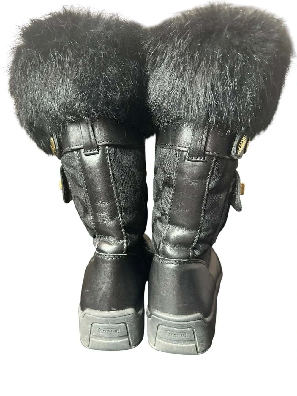 Coach Black Logo-Panel Fur Cuff Boots with Gold Turn-Lock